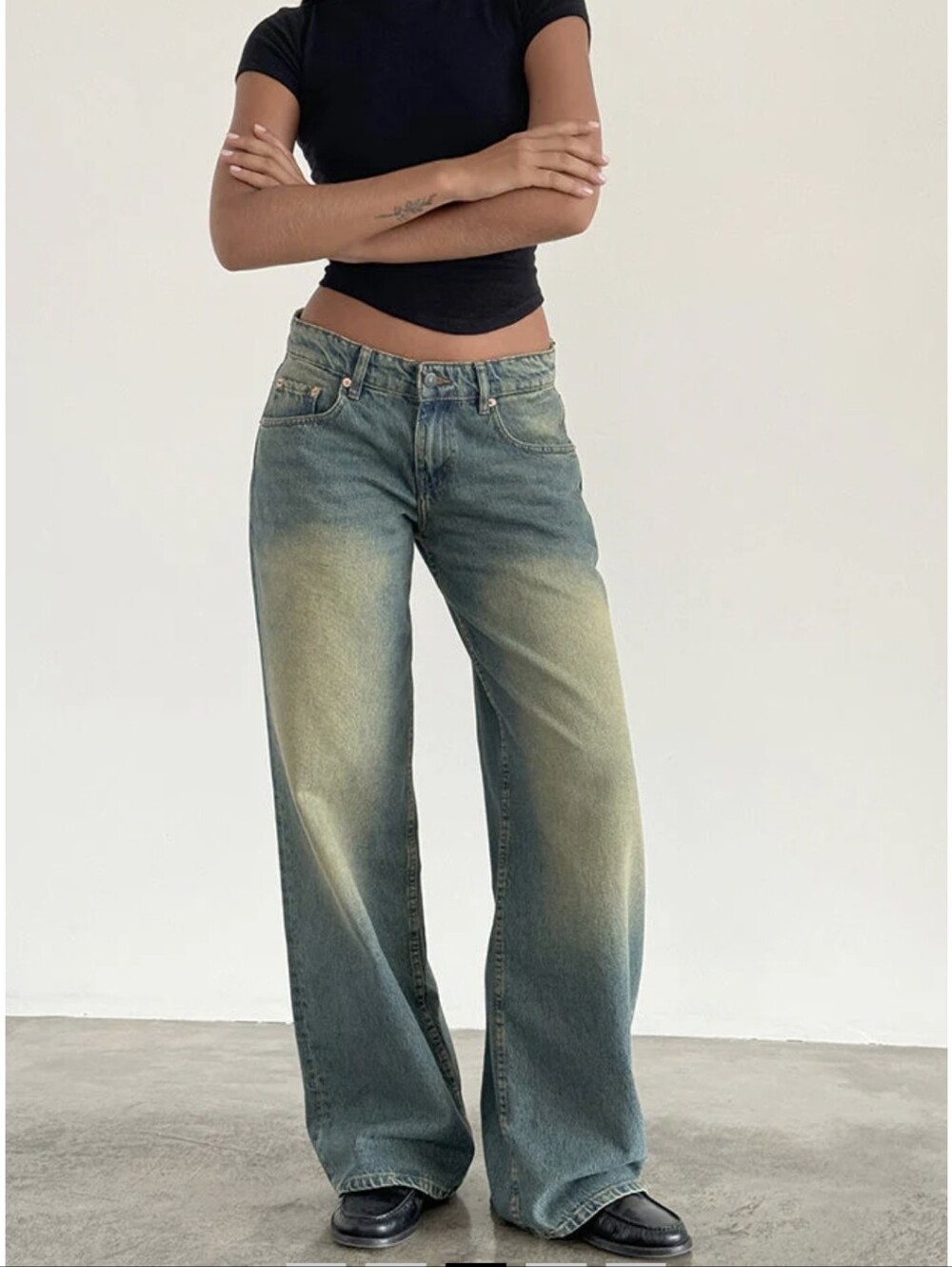 Motel Rocks Roomy Extra Wide Low Rise Jeans in Mid Used Green